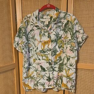 Rachel Zoe Large Blouse Top Tropical Print Short Sleeve Shirt Leopard 100%linen